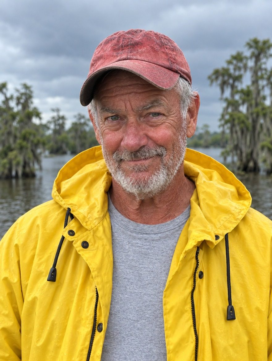 Cap Landry in his red cap and yellow rain slicker